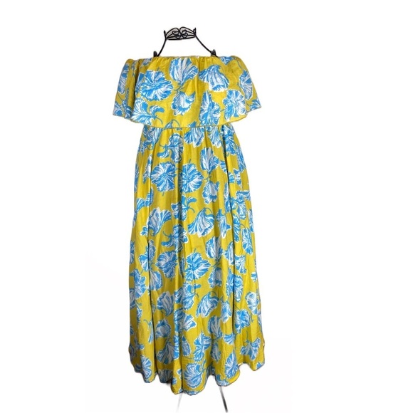 Lulus Love Boldly Yellow Blue Floral Off Shoulder Maxi Dress | Size Small - Picture 2 of 7